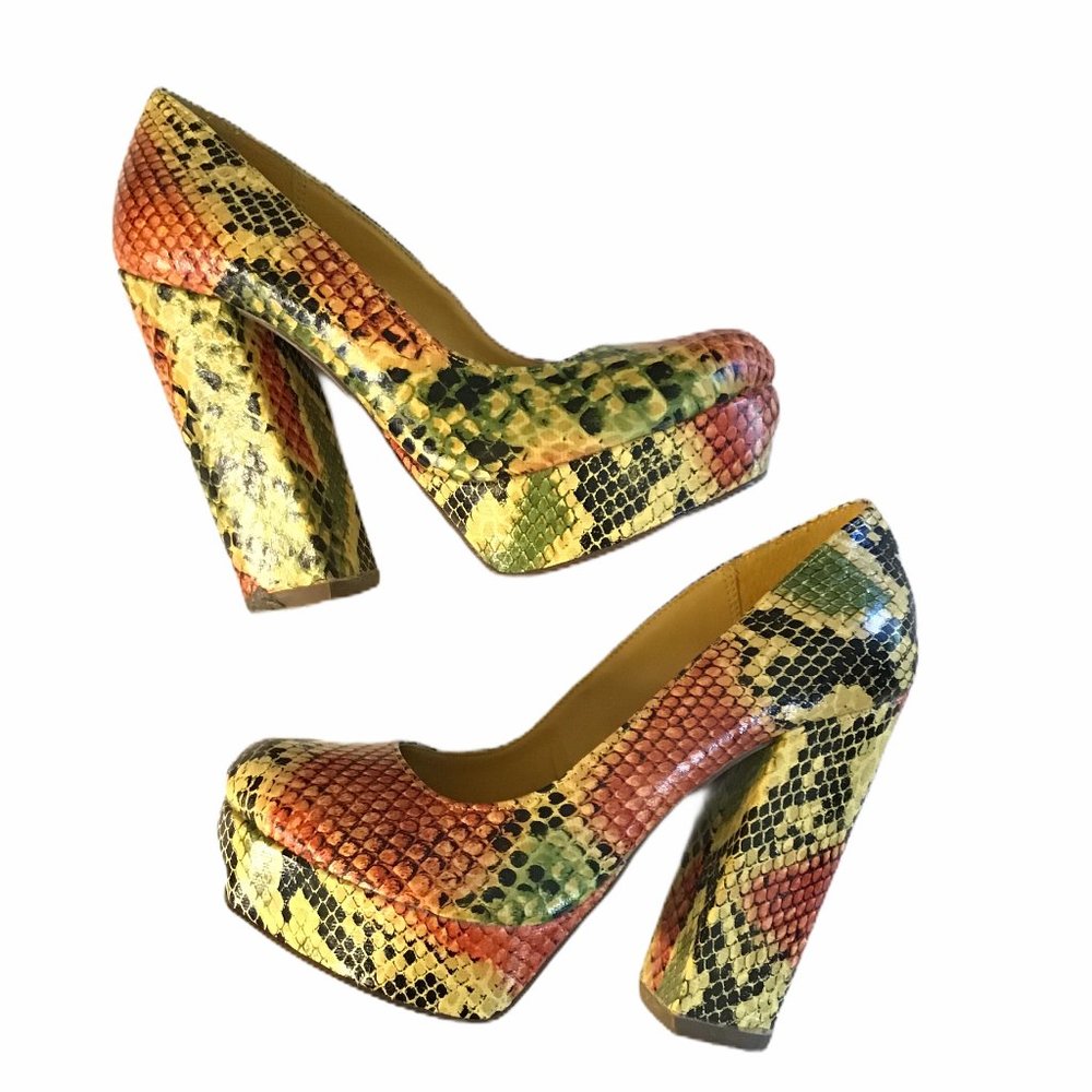 MIA Multi-color Snakeskin Chunky Heel Pumps